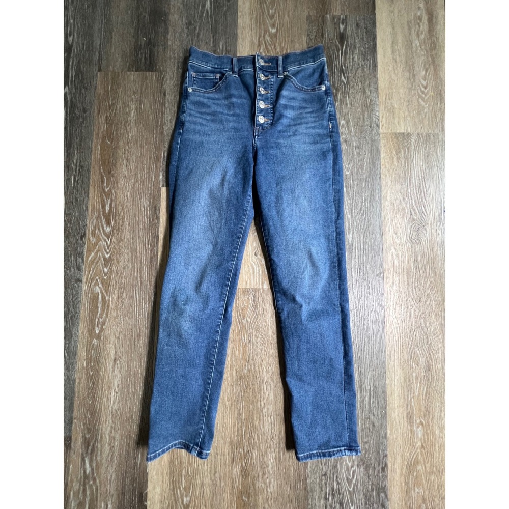 Express Slim Straight Jeans Womens 2R Medium Wash Exposed Button Fly High Rise